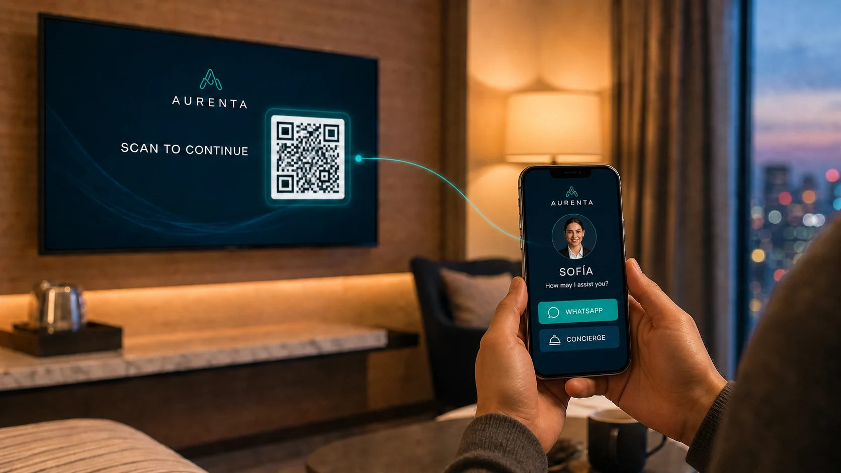 Aurenta Assist flow from an Aurenta TV QR code to Sofía, WhatsApp and concierge services on a naturally proportioned phone