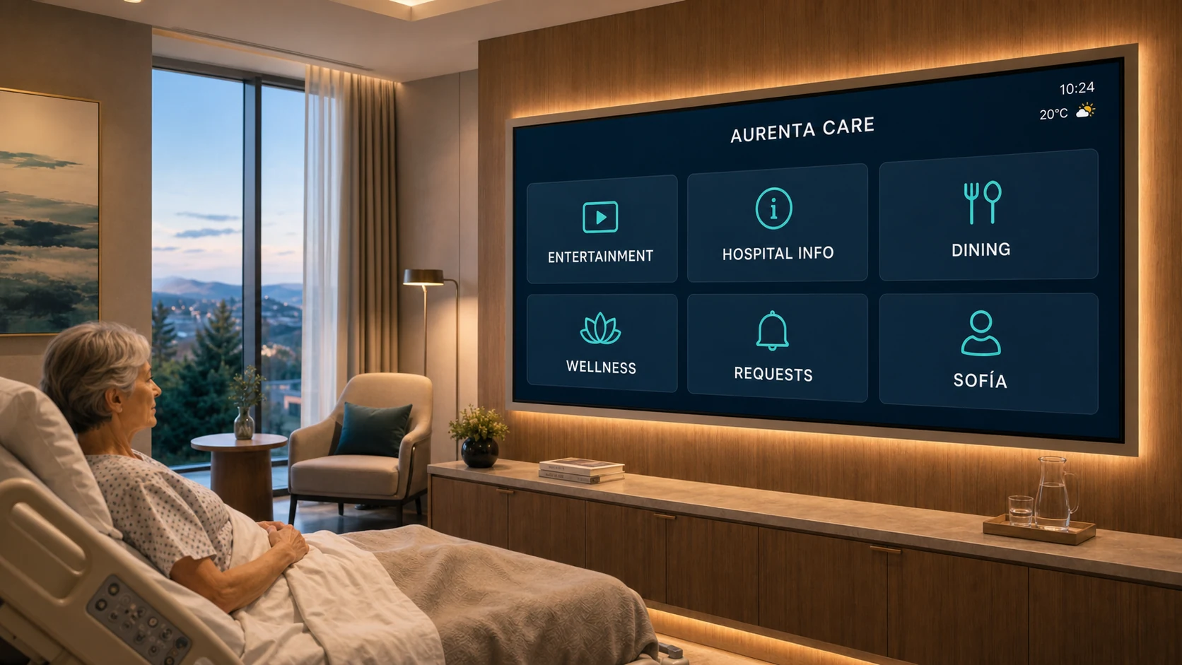 Aurenta Care home screen with Entertainment, Hospital Information, Dining, Wellness, Requests and Sofía modules