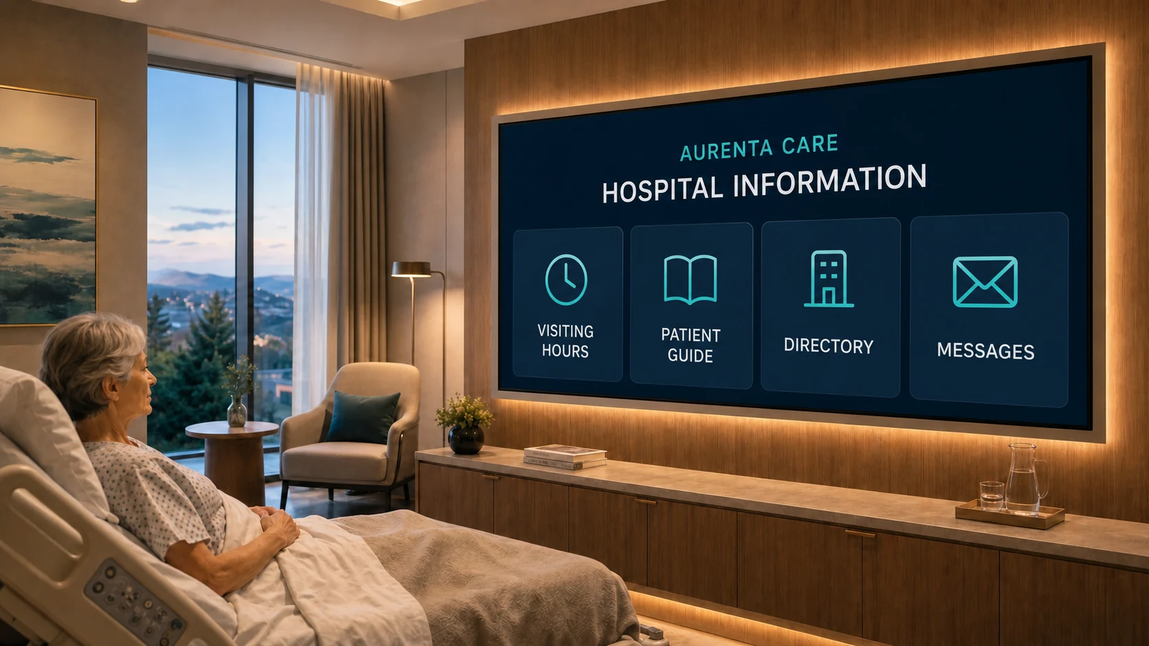 Aurenta Care hospital information screen with visiting hours, patient guide, directory and messages