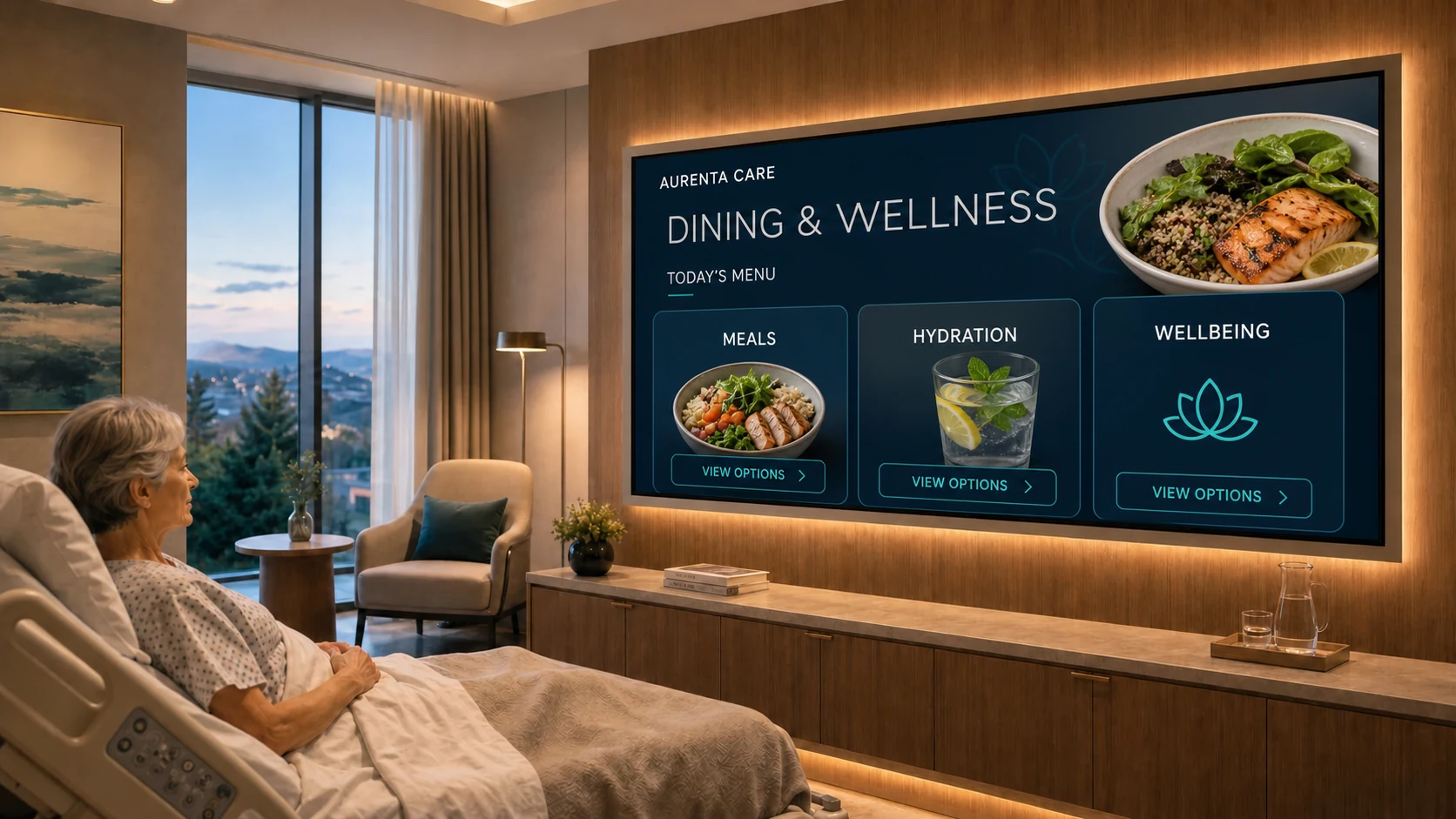 Aurenta Care dining and wellness screen with meals, hydration and wellbeing
