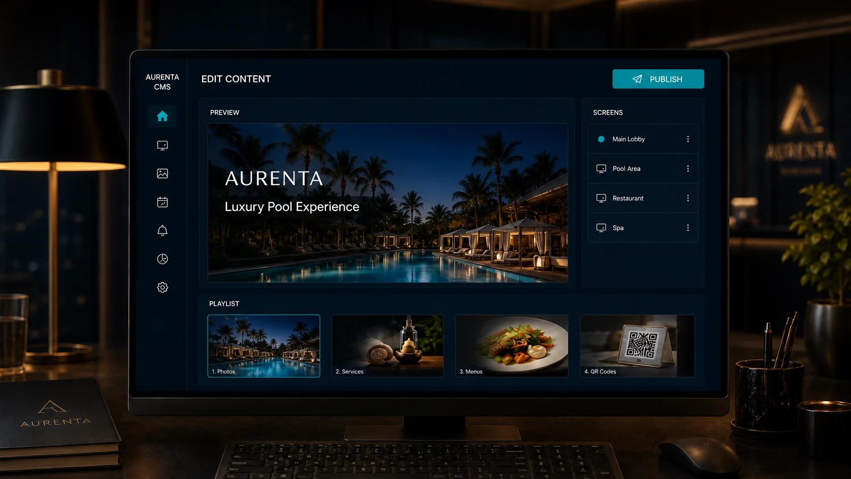 Aurenta CMS interface showing content editing, preview, publishing, connected screens and a simplified playlist