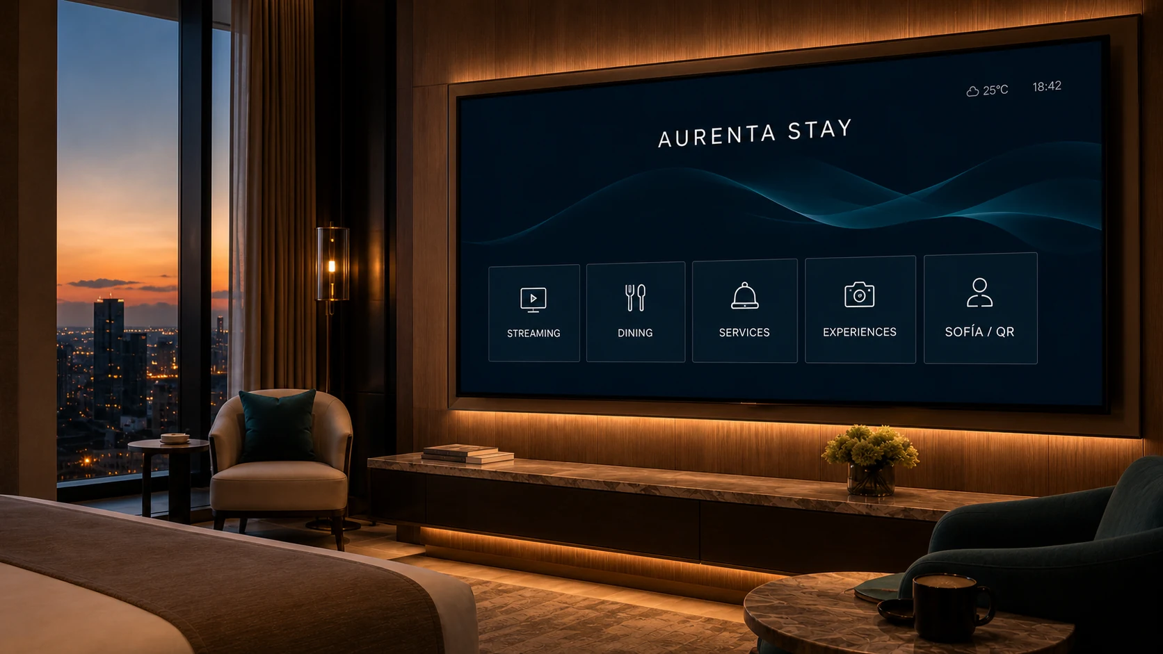 Aurenta Stay home screen with Streaming, Dining, Services, Experiences and Sofía QR modules
