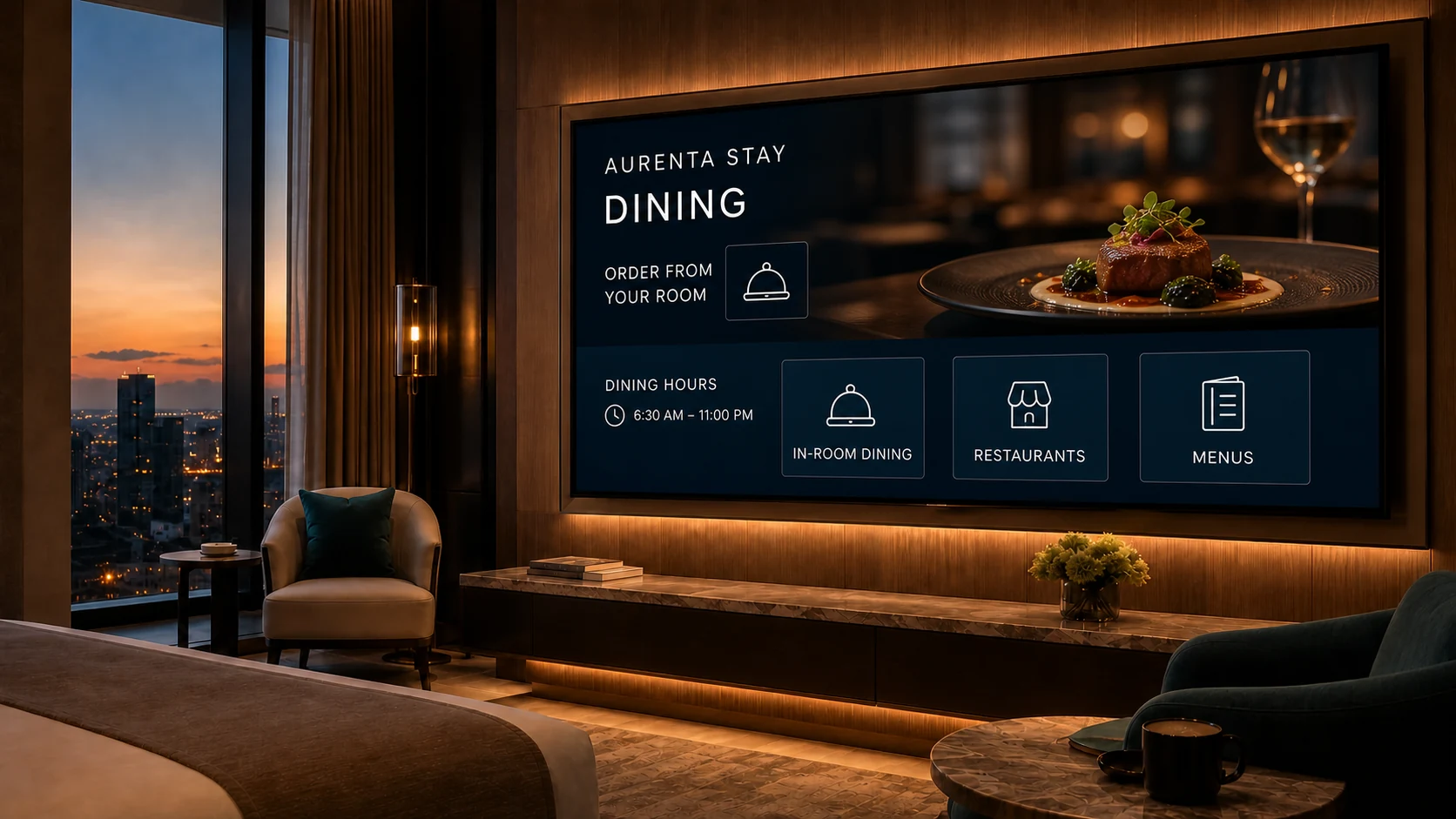 Aurenta Stay dining screen with in-room dining, restaurants and menus