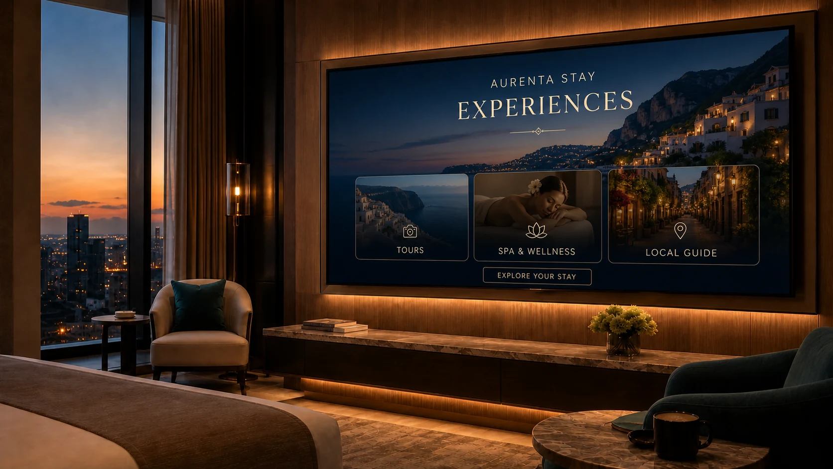 Aurenta Stay experiences screen with tours, spa and local guide