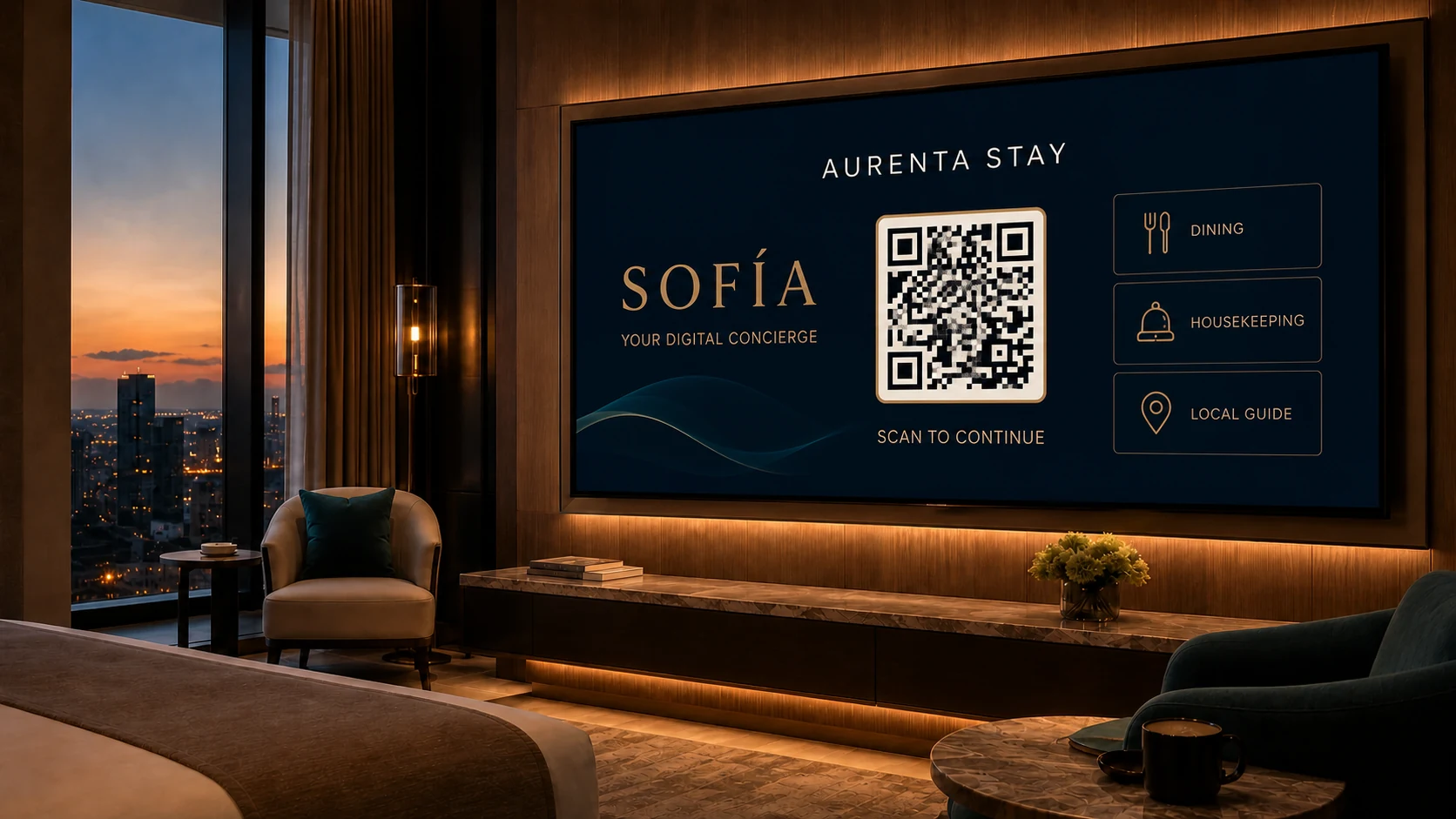 Aurenta Stay Sofía digital concierge screen with QR continuation